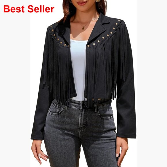 Faux Suede Leather Fringe Jacket with Rivets Cropped Western Style